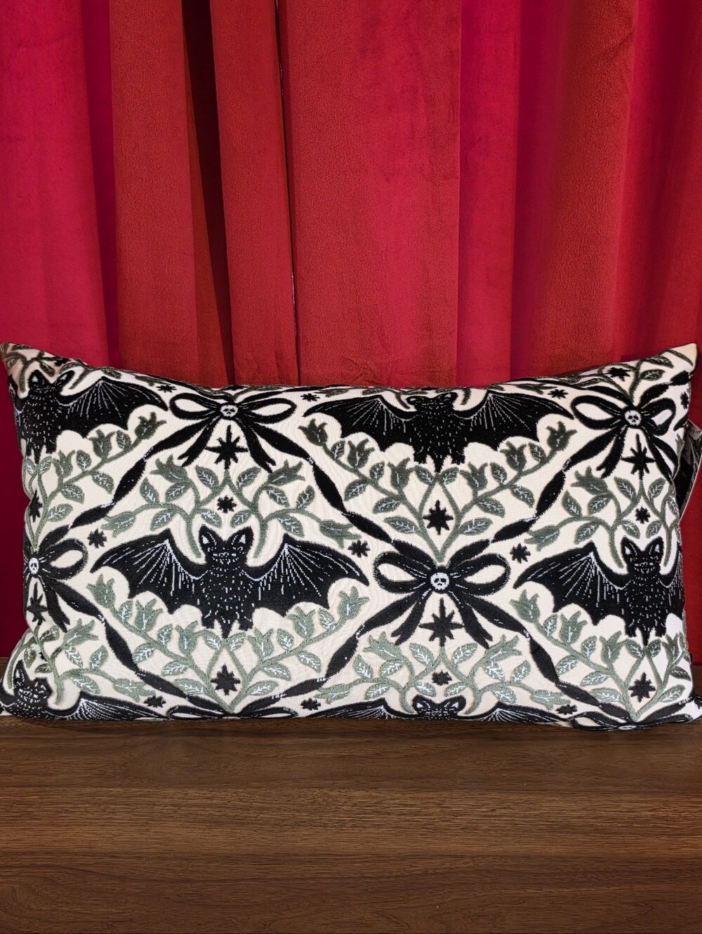 Tahari Velvet Bat Throw Pillow Black & Cream with Sage Green Floral Accents NWT